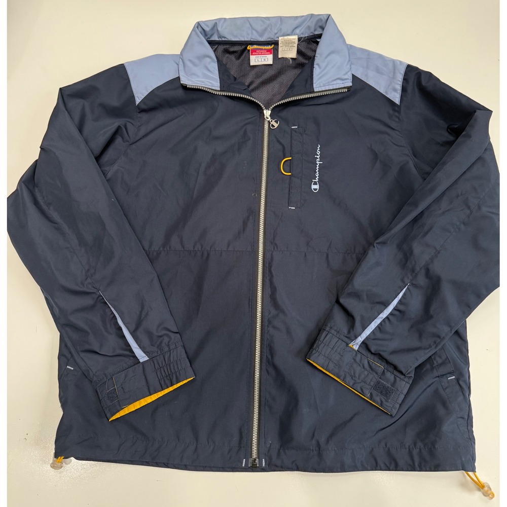 Champion Mens Full Zip Windbreaker Jacket Navy Blue Colorblock Mesh Lined Large